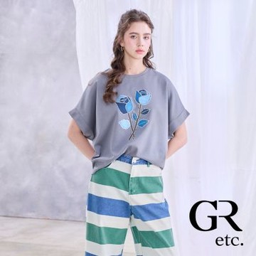 【GLORY21】網路獨賣款-etc.水鑽玫瑰花太空棉上衣-灰