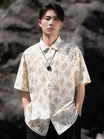 新中式復古 碎花短袖襯衫