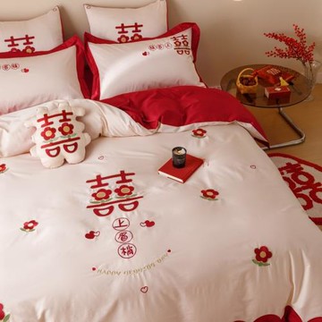 喜上眉梢60支長絨棉婚慶四件套喜慶新婚床單被罩新中式甜蜜花朵