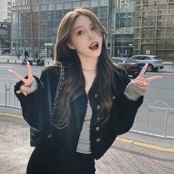 韓版小香風粗花呢外套 短版外套 氣質 名媛 高級感 千金外套 春秋款 外套女生 法式黑色外套 開衫 小個子 秋冬女裝