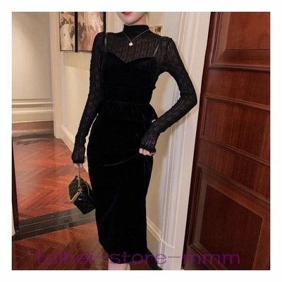 ハイネック 総レース ブラック セットアップ パーティ ベロア 冬服 二次会 食事会 女子会 結婚式 発表会 上下セット 長袖 ペプラムトップス 通販 Lineポイント最大get Lineショッピング