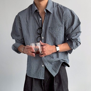 正韓輕薄泡泡紗格紋單口袋中短版長袖襯衫 3色 YUPPIE 預購商品 0511
