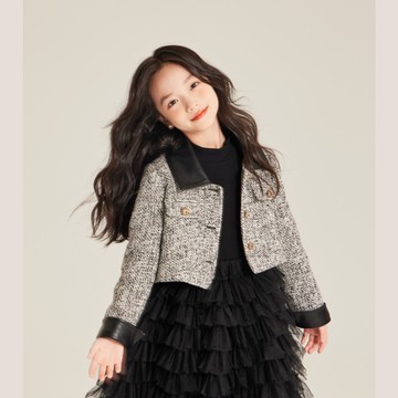 love, charlotte - 法式輕奢小香風花呢仿皮革領袖口短版夾克-黑色