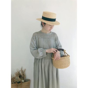 未央森林日系復古花邊立領亞麻連衣裙森系甜美蕾絲拼接后開襟長裙