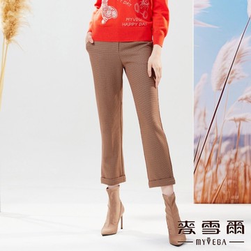 MYVEGA麥雪爾 格紋褲管反摺九分褲-駝色