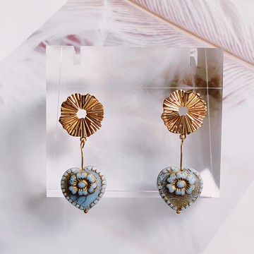 原創普藍色復古愛心耳環