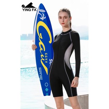 英發連體長袖游泳衣女專業運動五分中腳及膝遮肚顯瘦保守泳裝