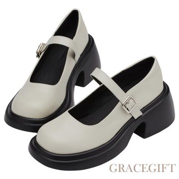 【Grace Gift】百搭圓頭輕量厚底瑪莉珍鞋 米白