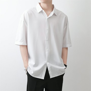 短袖襯衫 男士韓版潮流襯衣 簡約寬松夏季薄款冰絲休閑上衣【不二雜貨】