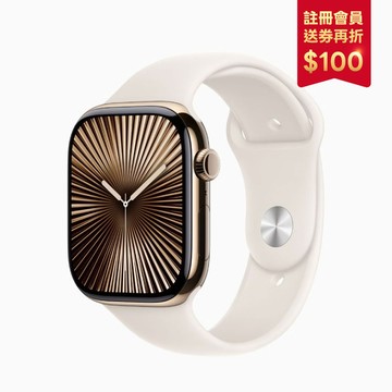 【Apple 蘋果】WATCH Series 10(GPS + 行動網路)46mm金色鈦金屬殼 + 星光色運動型錶帶S/M