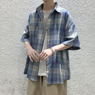 男士襯衫 大尺碼襯衫 港風格子襯衫男短袖夏季韓版潮流寬鬆五分袖襯衣日系休閒百搭外套0812