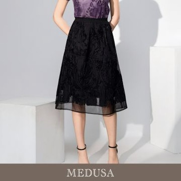 現貨【MEDUSA 曼度莎】盤花夜色紗質中長裙（M-XL）｜紗裙 中長裙 氣質穿搭