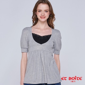 ET BOîTE 箱子 BLUE WAY – 深V領寬腰剪接短袖上衣(淺灰)