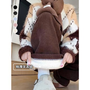 雪尼爾人字紋闊腿褲女秋冬款高腰垂感直筒窄版運動加絨加厚針織褲