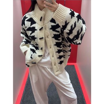 高版本！HALFMOOD秋冬新款針織高領復古粗針yy撞色針織毛衣外套女