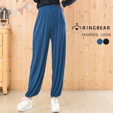 棉褲--簡約舒適休閒寬鬆側邊口袋素面鬆緊帶褲頭縮口褲(黑.藍XL-4L)-P112眼圈熊中大尺碼