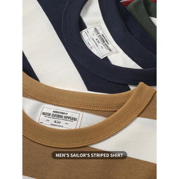 重磅260G雙紗純棉美式復古咔嘰大條紋短袖橫粗寬條紋圓領t恤男TEE