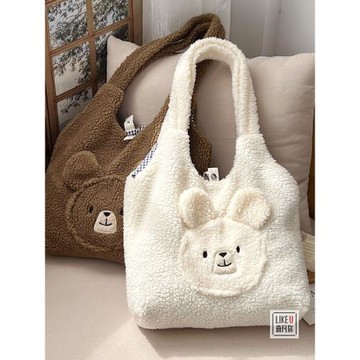 原創加厚新款韓版可愛小熊毛絨絨單肩卡通大容量百搭休閑背心女包