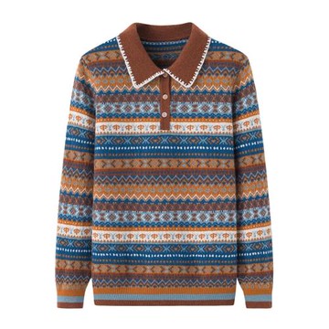 羊絨衫女翻領加厚大碼秋冬寬松休閑民族風條紋針織毛衣毛衫K1047