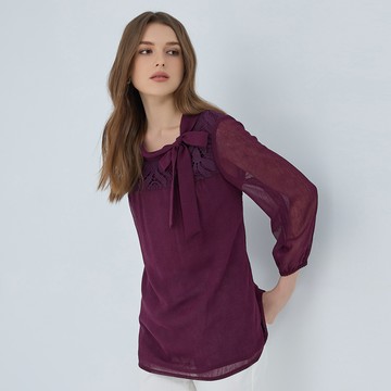 ILEY伊蕾 蝴蝶結翻領蕾絲雪紡上衣(深紫色；L)1233021155