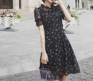 FINDSENSE H1 2018 夏季 新款 chili 碎花 小黑裙 高腰優雅 中長款 潮流 女連衣裙