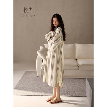 悅內睡裙女士睡衣春秋款秋季純棉長袖寬松大碼開衫長款長裙可外穿