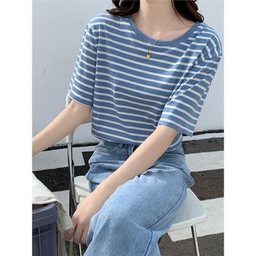 純棉藍白條紋短袖t恤女夏正肩休閑通勤顯白小個子全棉夏季半袖