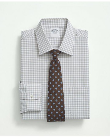 Brooks Brothers Men's Stretch Supima Cotton Non-Iron Poplin Ainsley Collar, Check Dress Shirt | Peach | Size 15½ 33