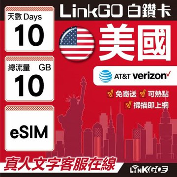 LinkGO白鑽卡 美國 eSIM卡 10天上網卡 總流量10GB 高速流量(美國網卡 舊金山 洛杉磯 紐約 西雅圖)