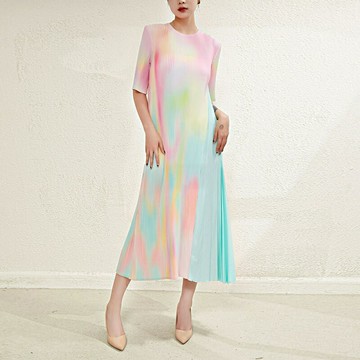 現貨+預購 三宅風皺褶衣服洋裝褶皺長裙短袖連身裙摺衣彈力顯瘦折衣大碼-暈染印花4色74fe27【獨家進口】【米蘭精品】