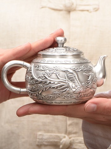 泰安銀業純銀999小泡茶壺小銀壺整套真功夫茶具手工足銀龍鳳呈祥