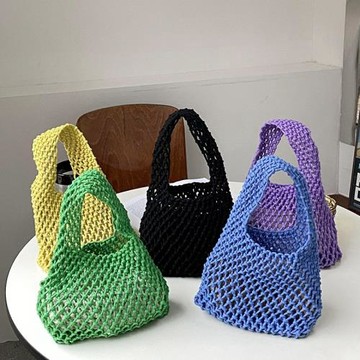 （有內袋）鏤空網兜手拿包手工編織棉繩手腕包百搭沙灘度假水桶包