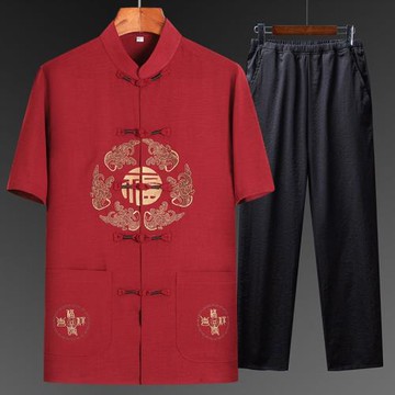 棉麻唐裝男士短袖套裝夏季中老年人薄款襯衫大碼生日祝壽老人衣服