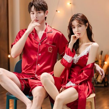 睡衣情侶睡袍女睡裙性感短袖冰絲夏季結婚新婚紅色男士真絲綢套裝