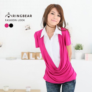 假二件--優雅氣質OL魅力立體抓皺造型假兩件短袖襯衫(黑.桃M-2L)-H100眼圈熊中大尺碼