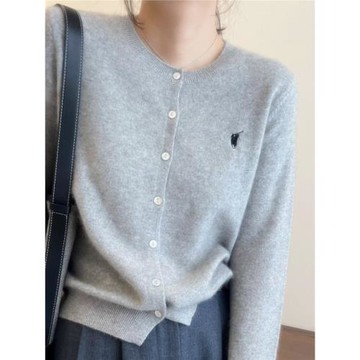 羊毛針織開衫女春秋外穿薄款毛衣外套刺繡設計寬松百搭打底衫上衣