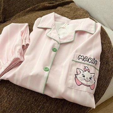 DUYI~夢詩 睡衣女日系條紋小貓夏季甜美少女居家服兩件套外穿