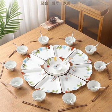 柴燒手繪家庭過年團圓拼盤餐具組合套裝家用年夜飯陶瓷碗盤子菜盤