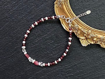 能量原石-閃靈鑽原石x紅碧璽x石榴石x淡水珍珠925純銀手鍊