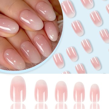 24 件裝粉色心形按壓指甲尖短杏仁裸粉色假指甲彩色假指甲