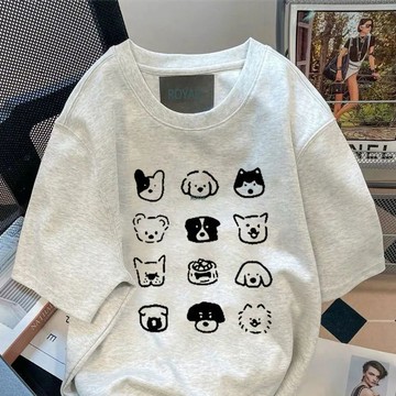 百搭日系復古卡通印花灰色短袖T卹女夏新款寬鬆半袖上衣