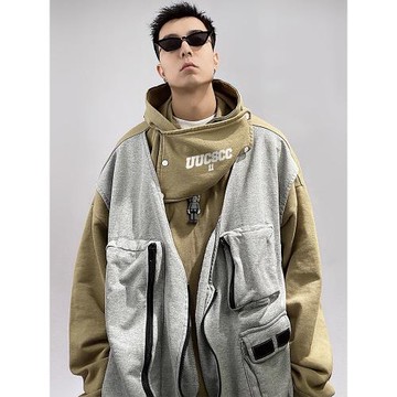 UUCSCC潮牌假兩件連帽衛衣嘻哈寬松休閑多口袋馬甲工裝長袖外套男