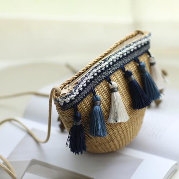 2024潮日式零錢小可愛包包草編包斜挎親子編織包流蘇民族風沙灘包