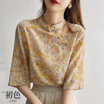 初色 復古碎花盤扣立領短袖上衣-花色-62552(M-2XL可選)