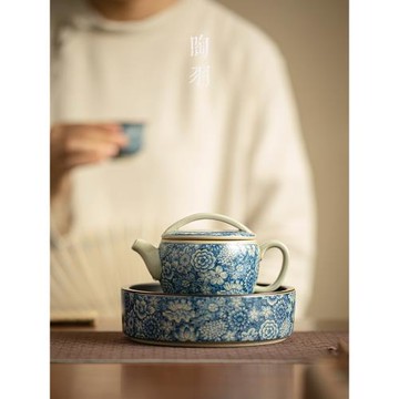 汝窯青花漢瓦茶壺高檔陶瓷家用萬花壺承功夫茶具開片茶水壺泡茶器