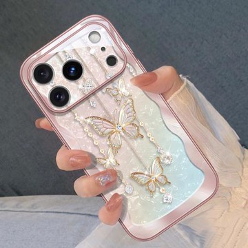水晶蝴蝶風鈴適用于蘋果17promax手機殼新款iPhone17Air高級感鏡頭全包防摔16pro網紅大視窗液態玻璃小清新女