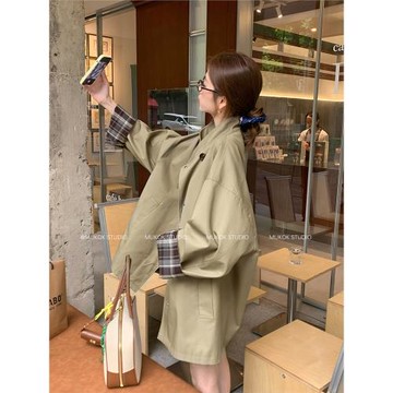 MUKOK諾丁山下~ 高級經典撞色風衣外套廓形顯瘦寬松英倫風大衣
