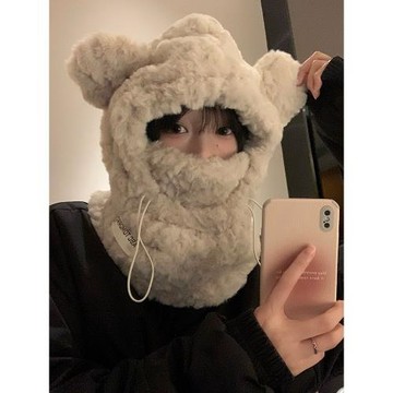 可愛加厚毛絨小熊帽子圍巾一體女秋冬季韓版保暖護耳帽騎車防寒潮