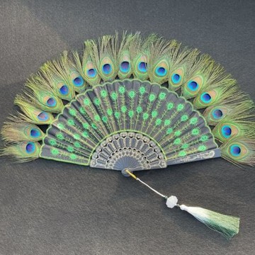 扇扇子孔雀羽毛折扇黑桿詠春刺繡扇亮片折扇禮品