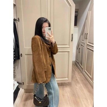 美拉德復古棕色皮衣外套女秋季2025新款高級感寬松麂皮絨西裝上衣